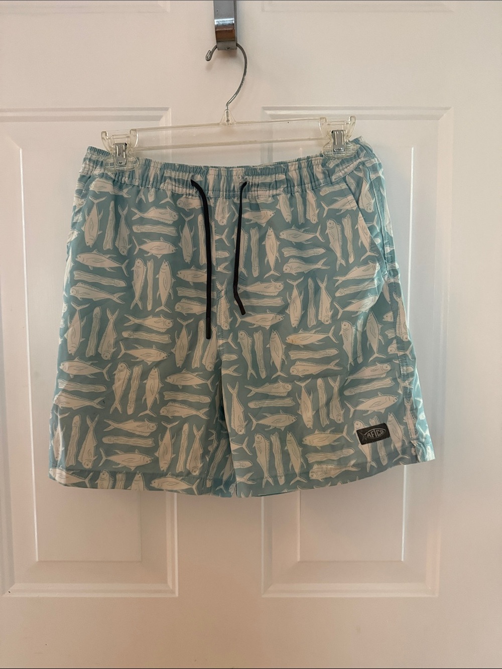AFTCO Light Blue & White Fish Print Kids Swim Trunks youth XL
